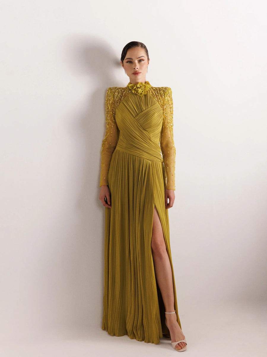 25076-Hakim Yaka İşleme ve Çiçek Detaylı Pliseli Abiye Elbise