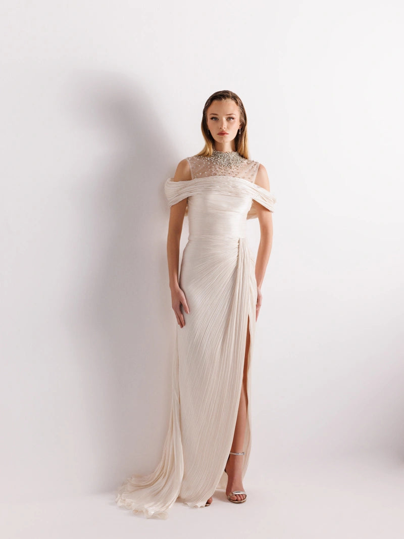 Ekru renk İşlemeli, Pliseli ve Kuyruklu Elbise - Ekru abiye elbise