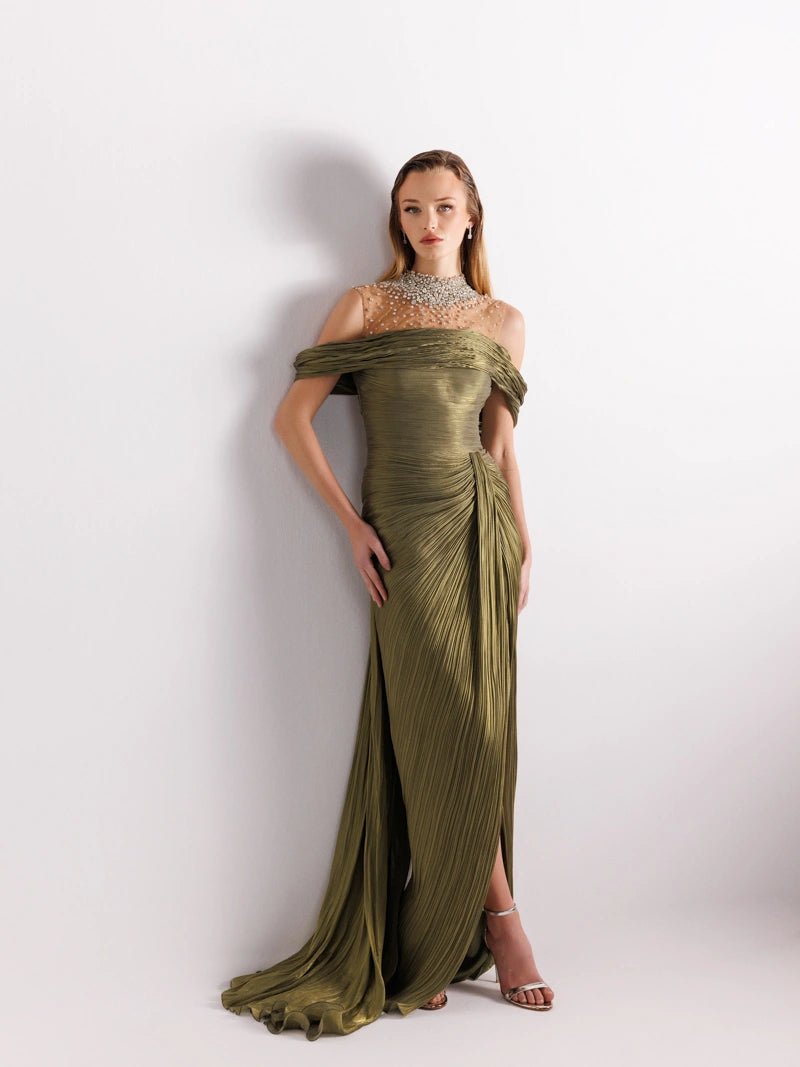 Haki renk İşlemeli, Pliseli ve Kuyruklu Elbise - Haki abiye elbise