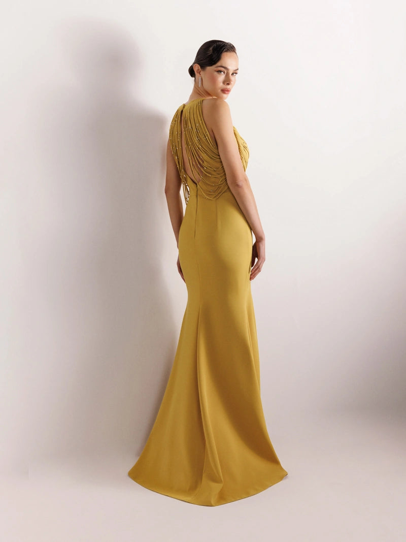 Ön Ve Arkası Şerı̇t Ve Boncuk Detaylı Yırtmaçlı Balık Elbı̇se yağ yeşili 3