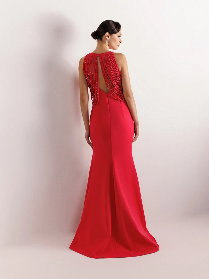 25079-Şerit ve Boncuk Detaylı Yırtmaçlı Balık Abiye Elbise