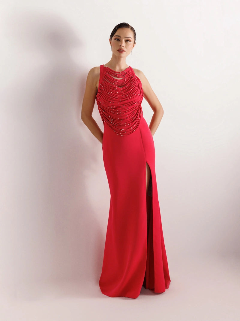 25079-Şerit ve Boncuk Detaylı Yırtmaçlı Balık Abiye Elbise