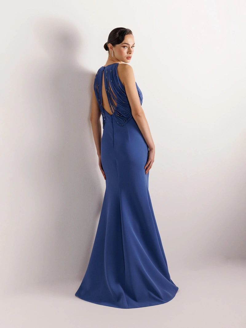 25079-Şerit ve Boncuk Detaylı Yırtmaçlı Balık Abiye Elbise