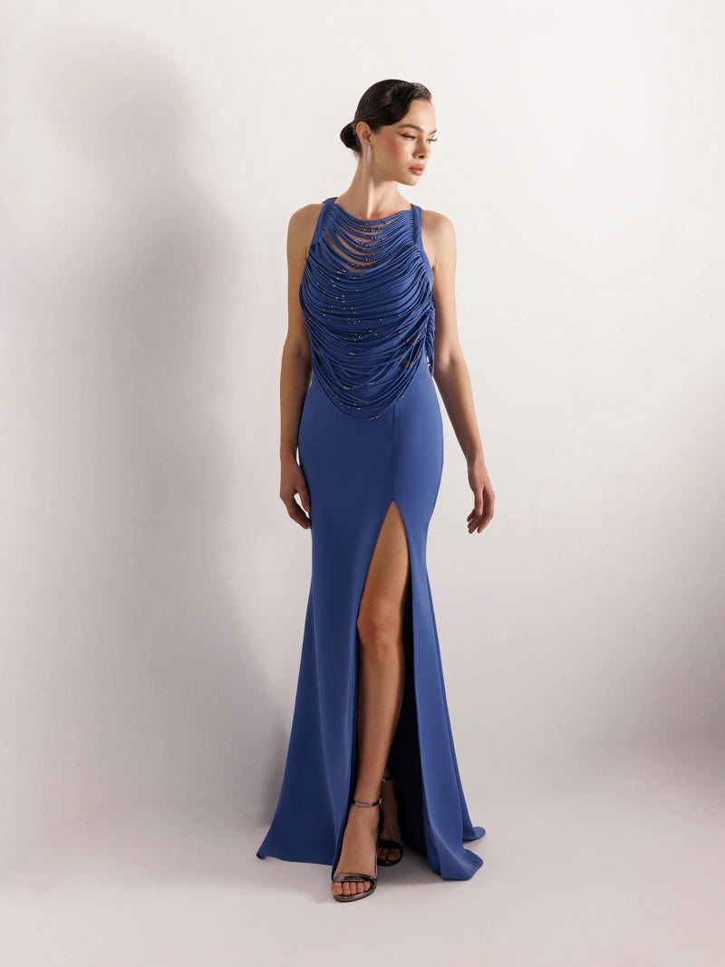 25079-Şerit ve Boncuk Detaylı Yırtmaçlı Balık Abiye Elbise