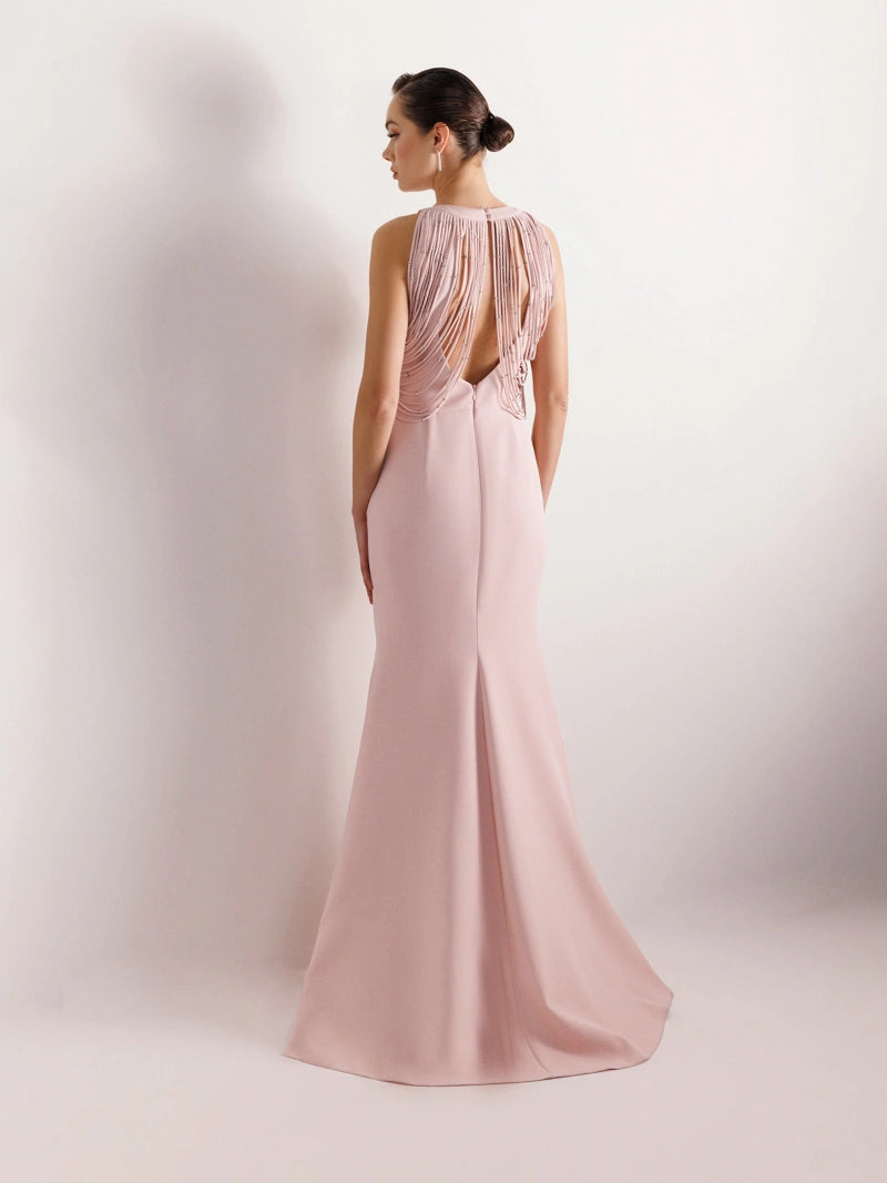 25079-Şerit ve Boncuk Detaylı Yırtmaçlı Balık Abiye Elbise