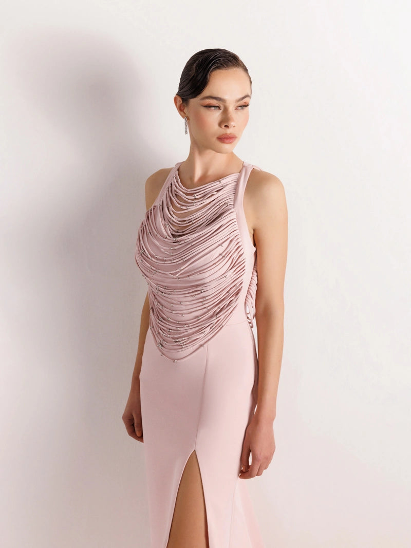 25079-Şerit ve Boncuk Detaylı Yırtmaçlı Balık Abiye Elbise