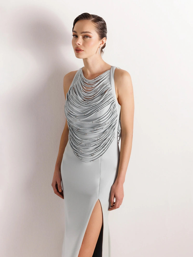 25079-Şerit ve Boncuk Detaylı Yırtmaçlı Balık Abiye Elbise