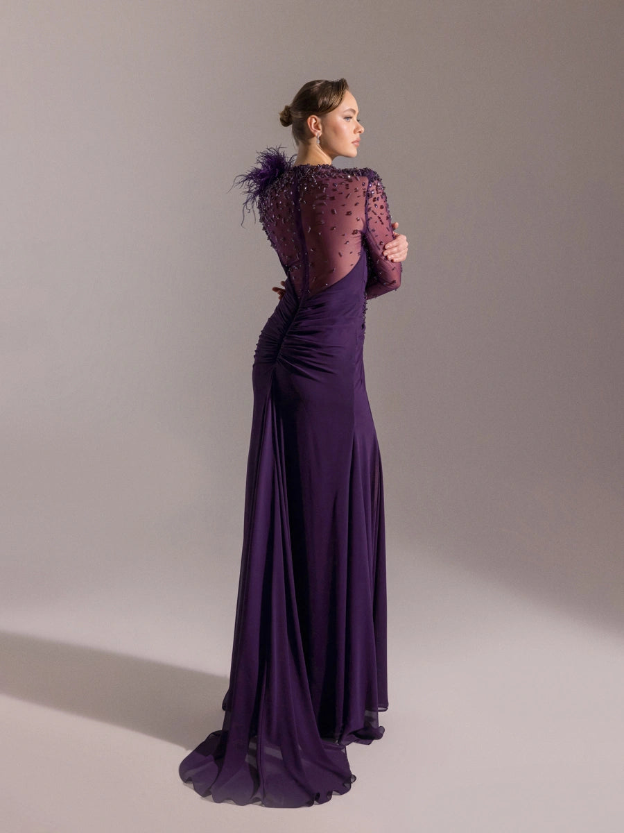 25083-Kolları İşlemeli kırmalı Asimetrik Otrişli Elbise