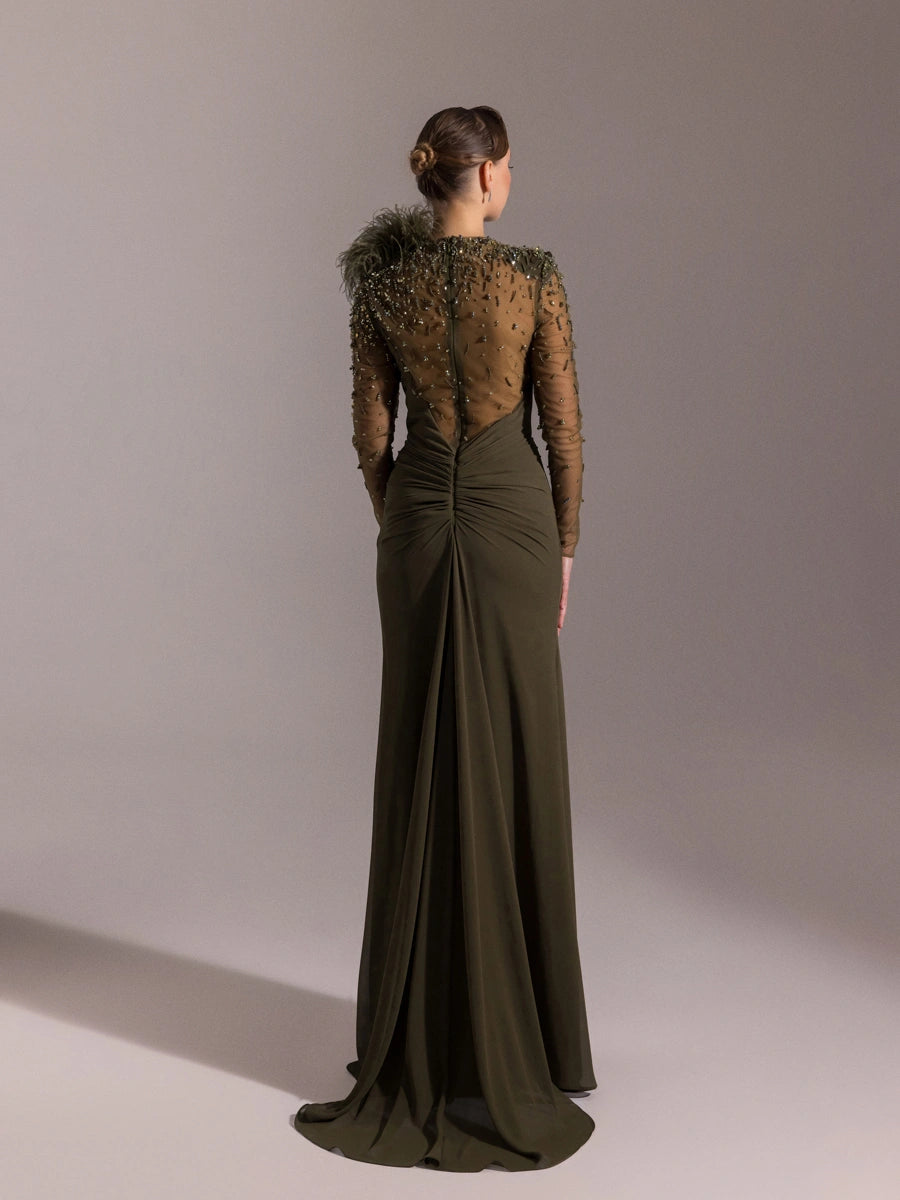 25083-Kolları İşlemeli kırmalı Asimetrik Otrişli Elbise