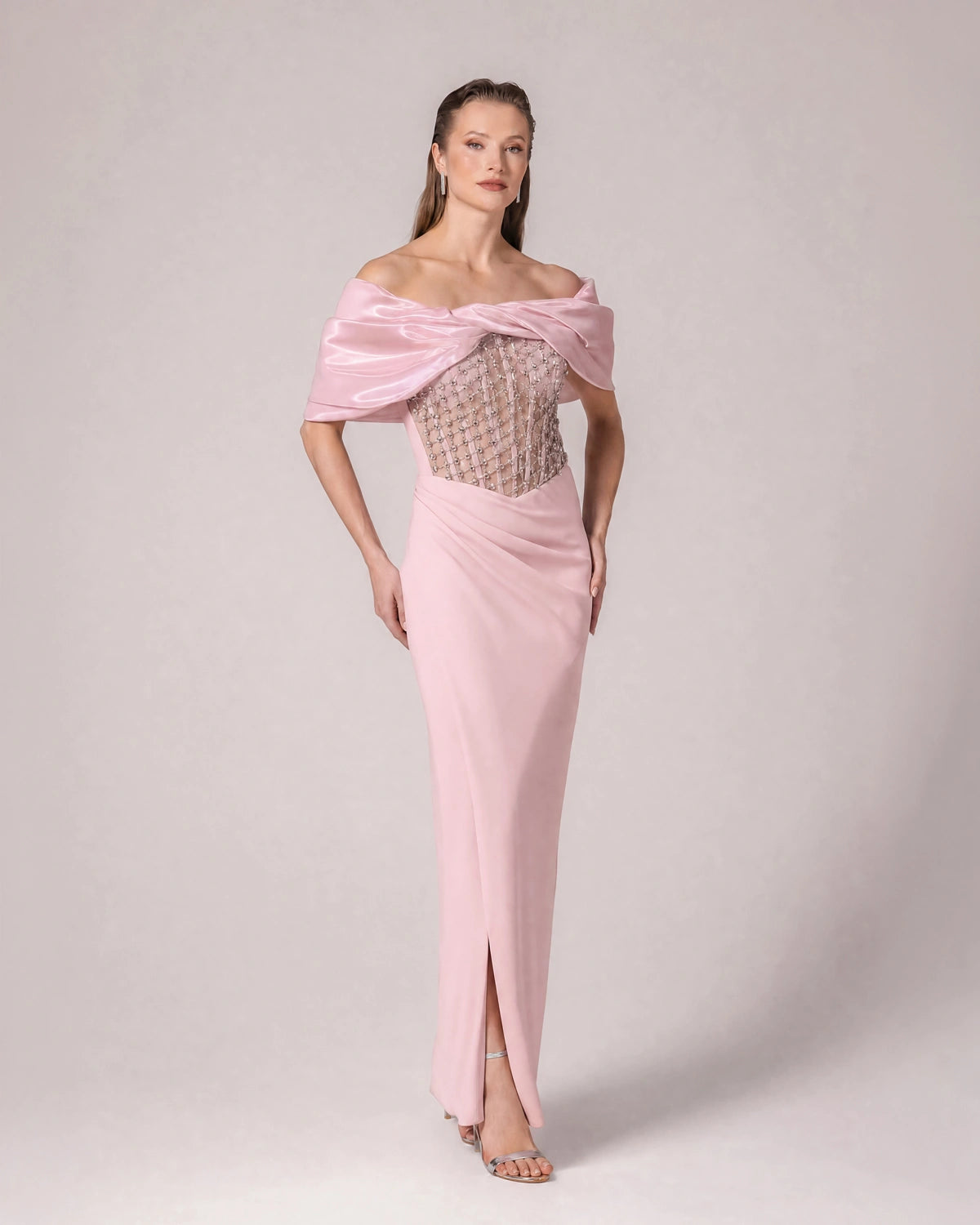 25088-Stone Embellished Transparent Corset Boat Neck Long Evening Dress