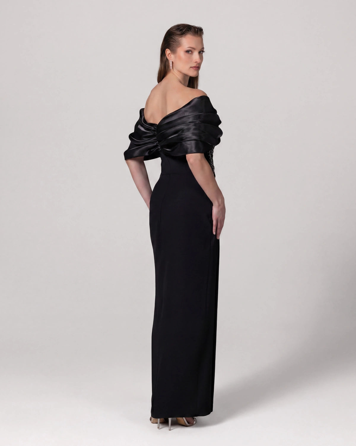 25088-Stone Embellished Transparent Corset Boat Neck Long Evening Dress
