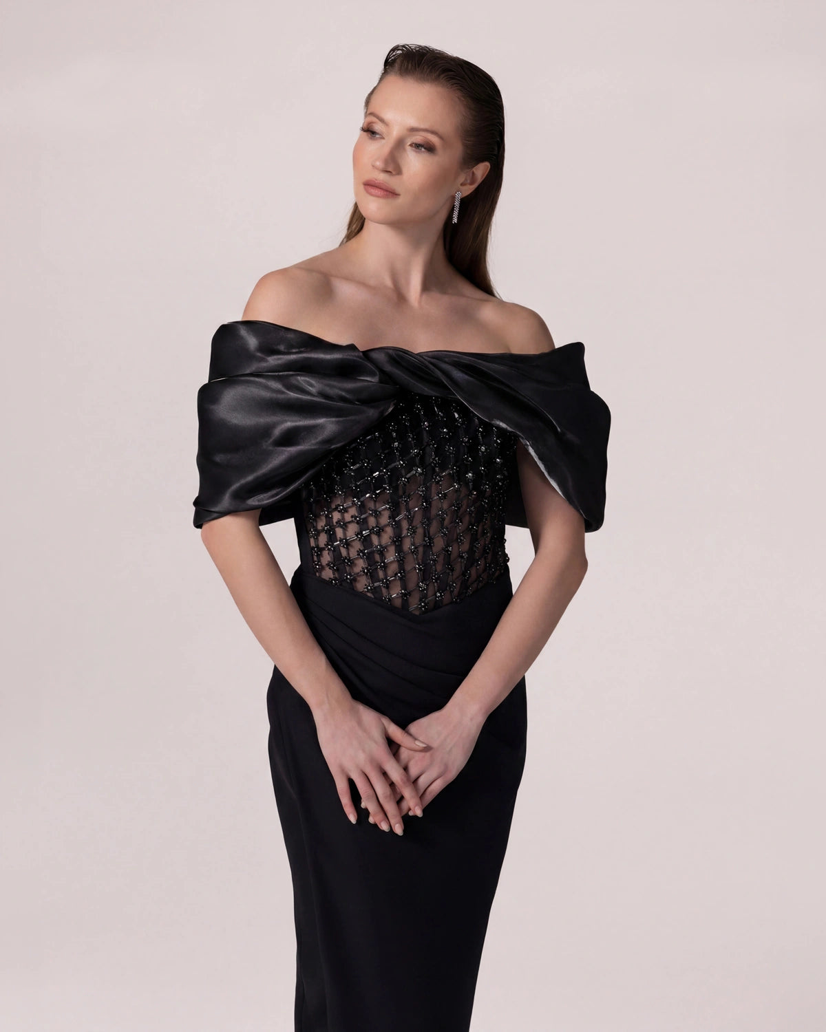 25088-Stone Embellished Transparent Corset Boat Neck Long Evening Dress