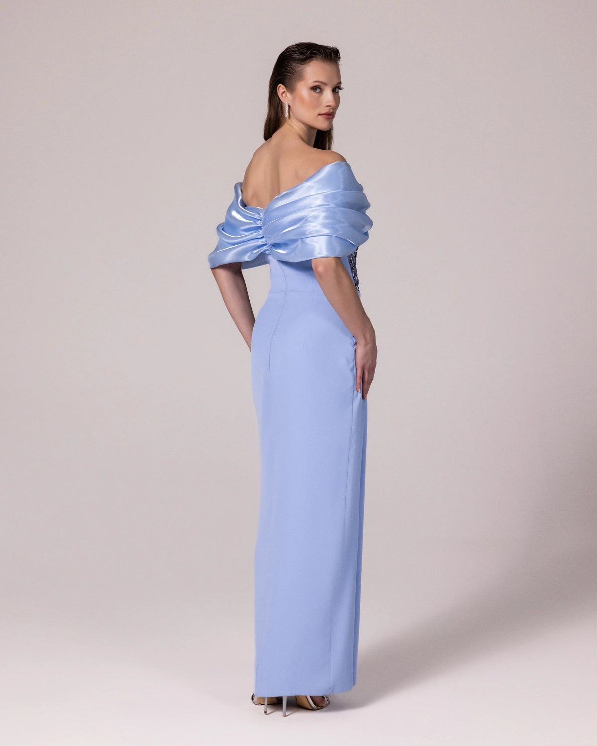 25088-Stone Embellished Transparent Corset Boat Neck Long Evening Dress