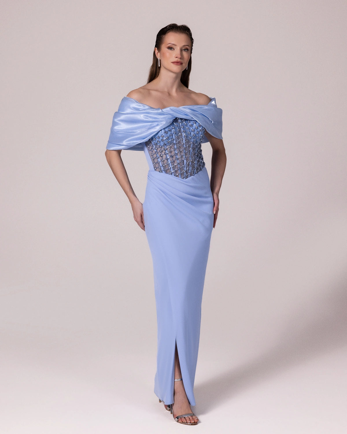 25088-Stone Embellished Transparent Corset Boat Neck Long Evening Dress