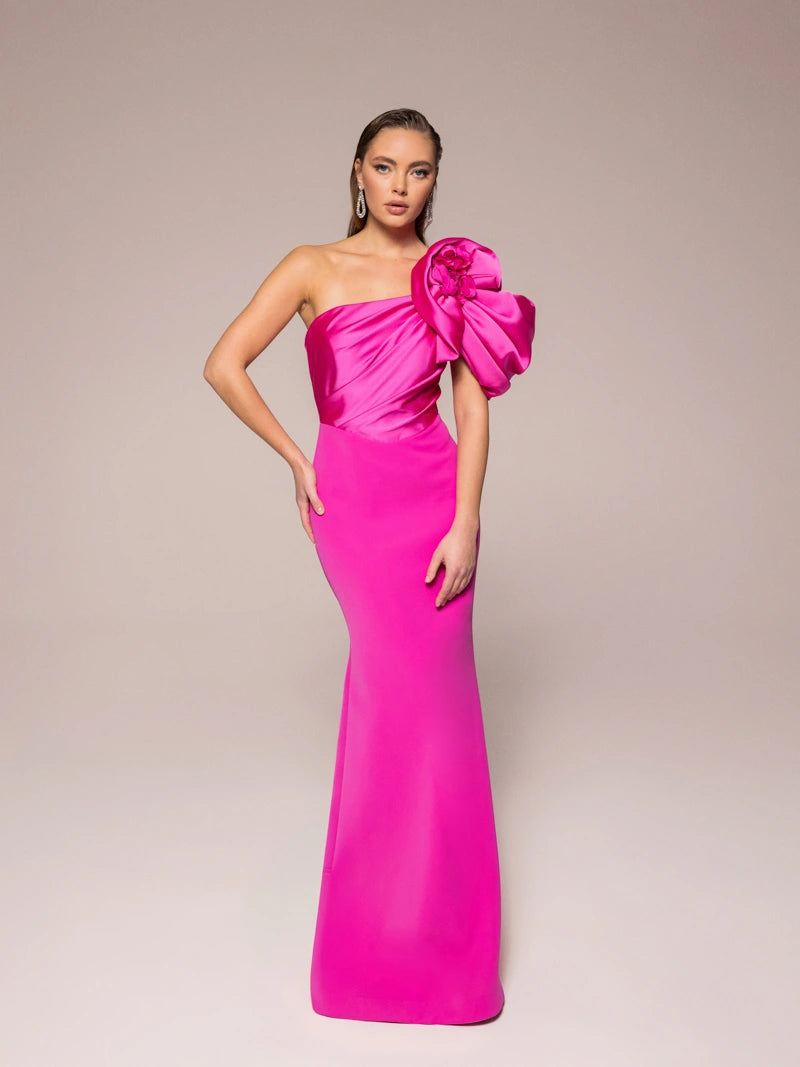 Omuz Çiçekli Balık Elbise Fuşya Ön