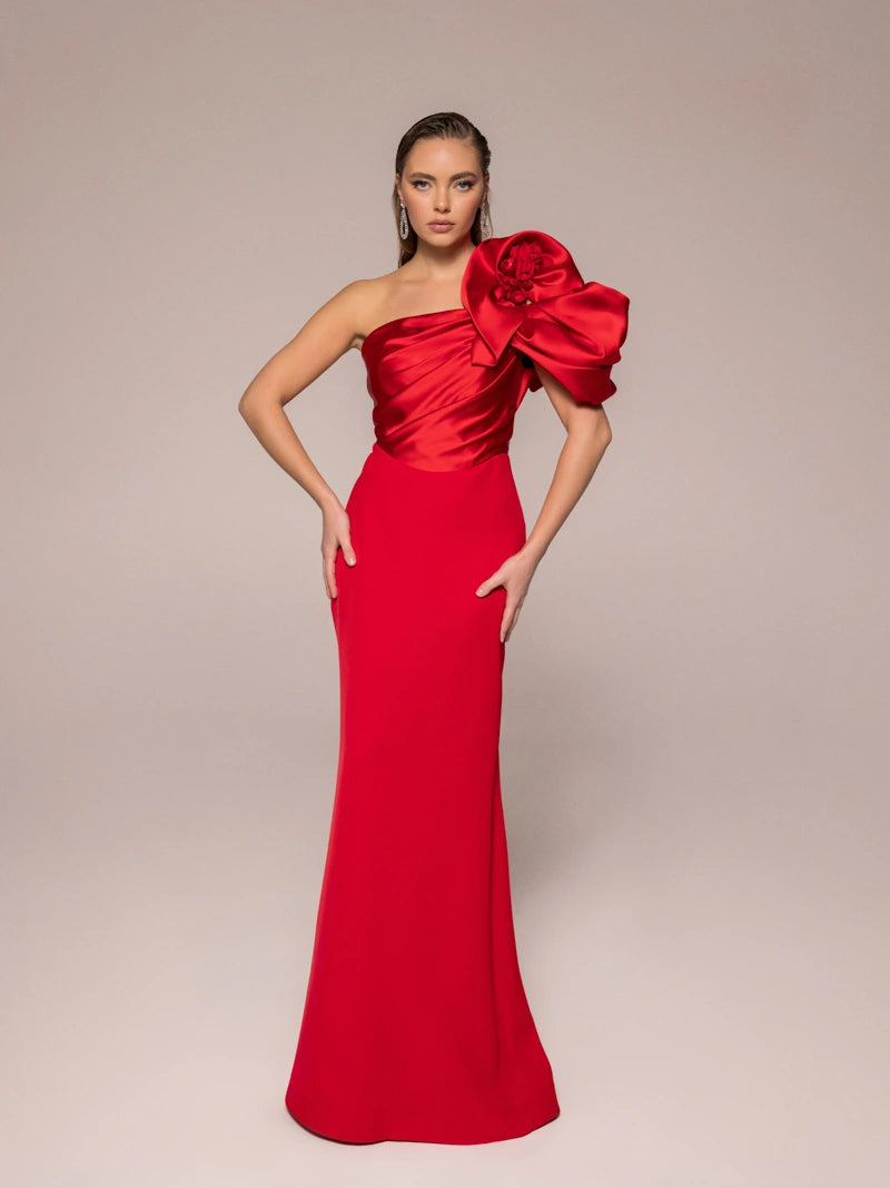 25089-Omuz Çiçekli Balık Elbise