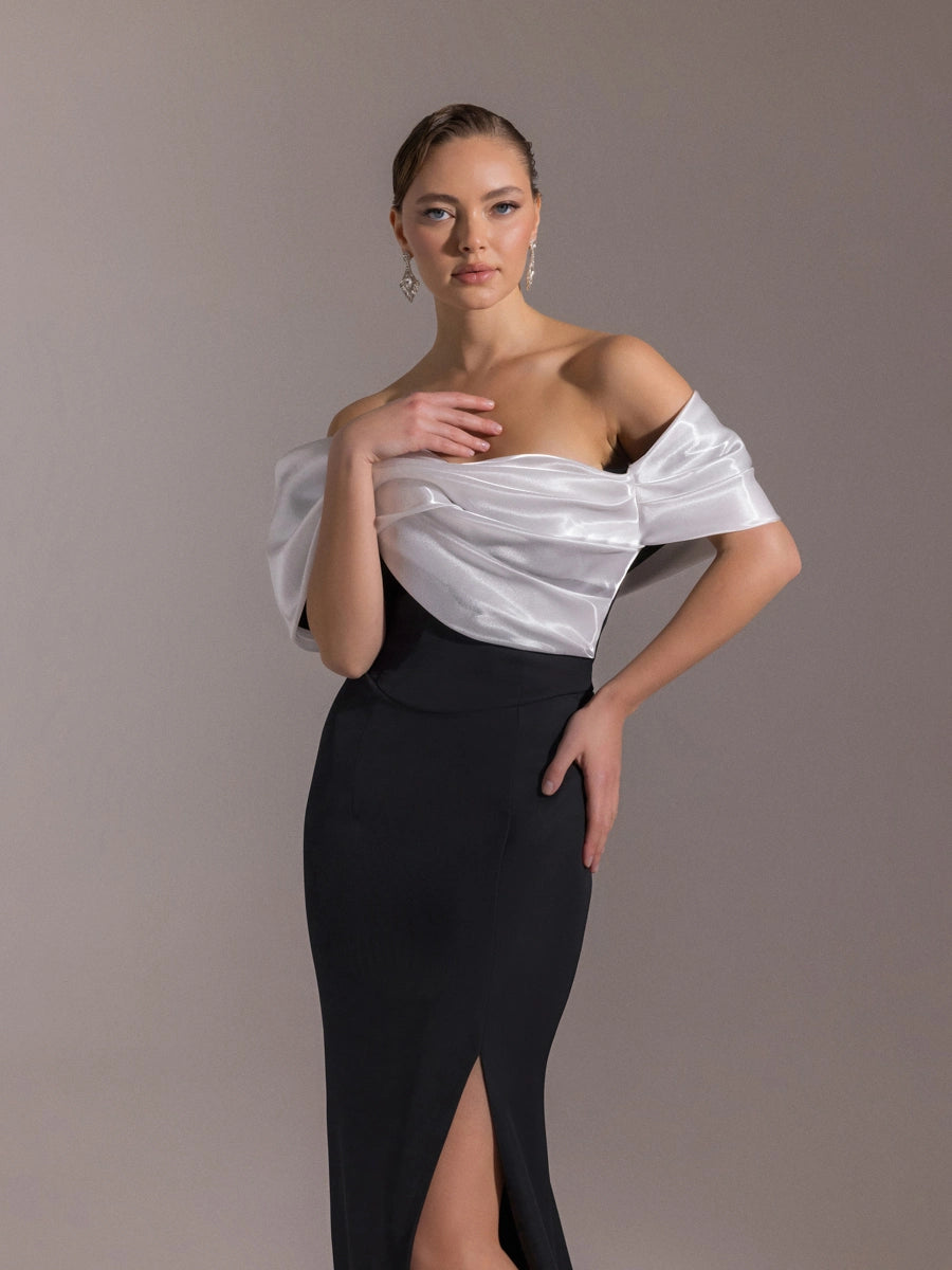 25090-Yoğun Degajeli Straplez Balık Abiye Elbise