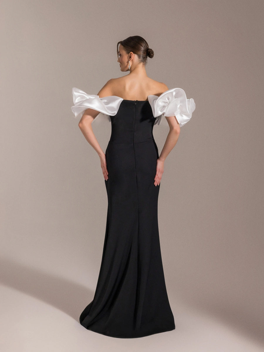 25093-Balon Kol Straplez Balık Abiye Elbise