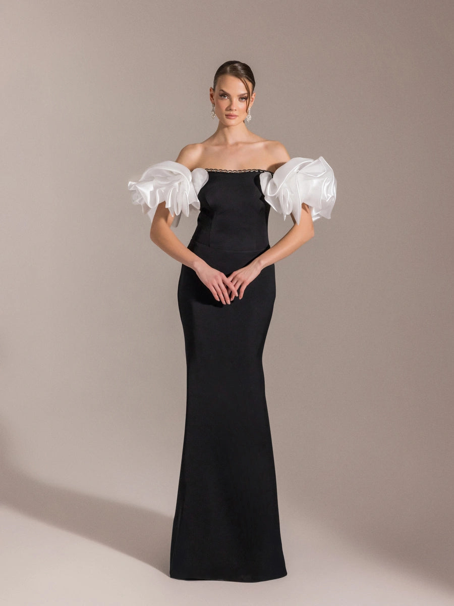 25093-Balon Kol Straplez Balık Abiye Elbise