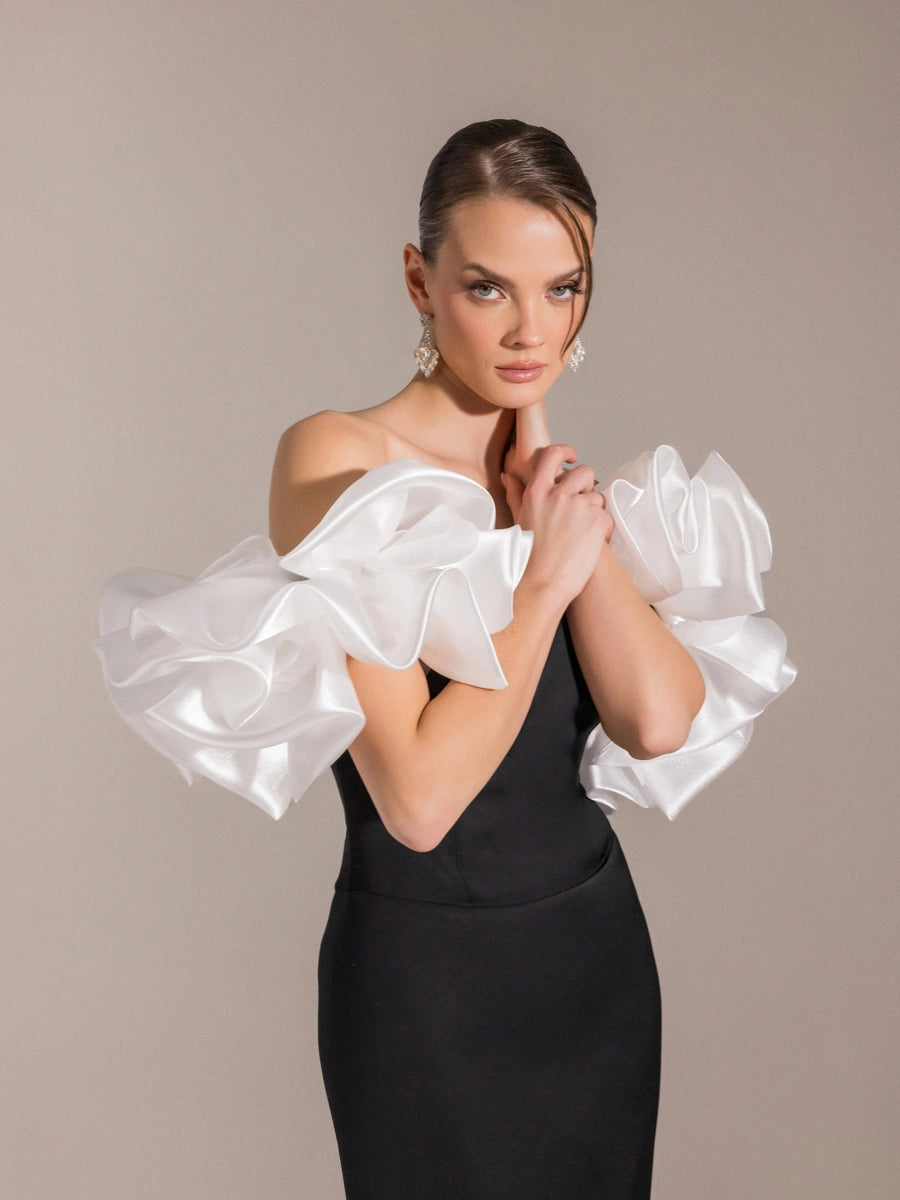 25093-Balon Kol Straplez Balık Abiye Elbise