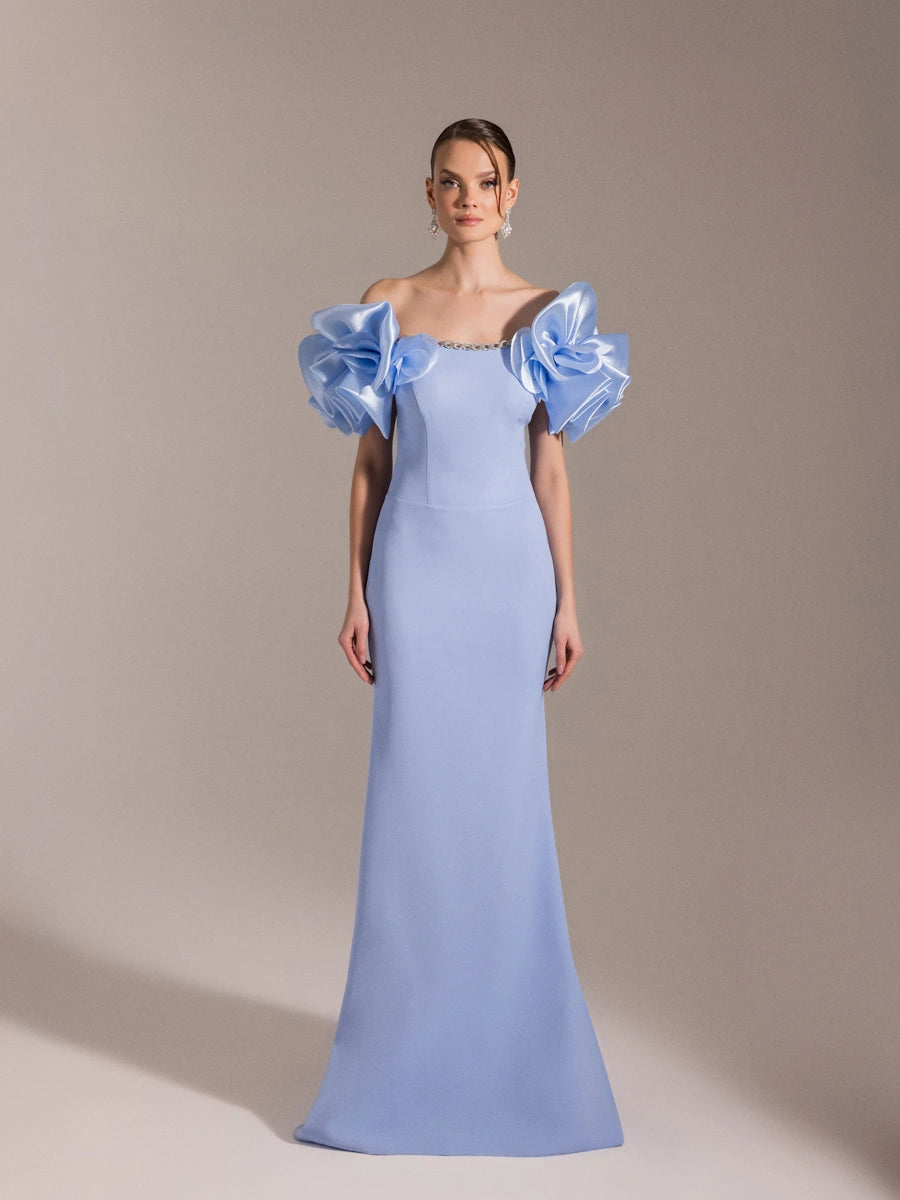 25093-Balon Kol Straplez Balık Abiye Elbise