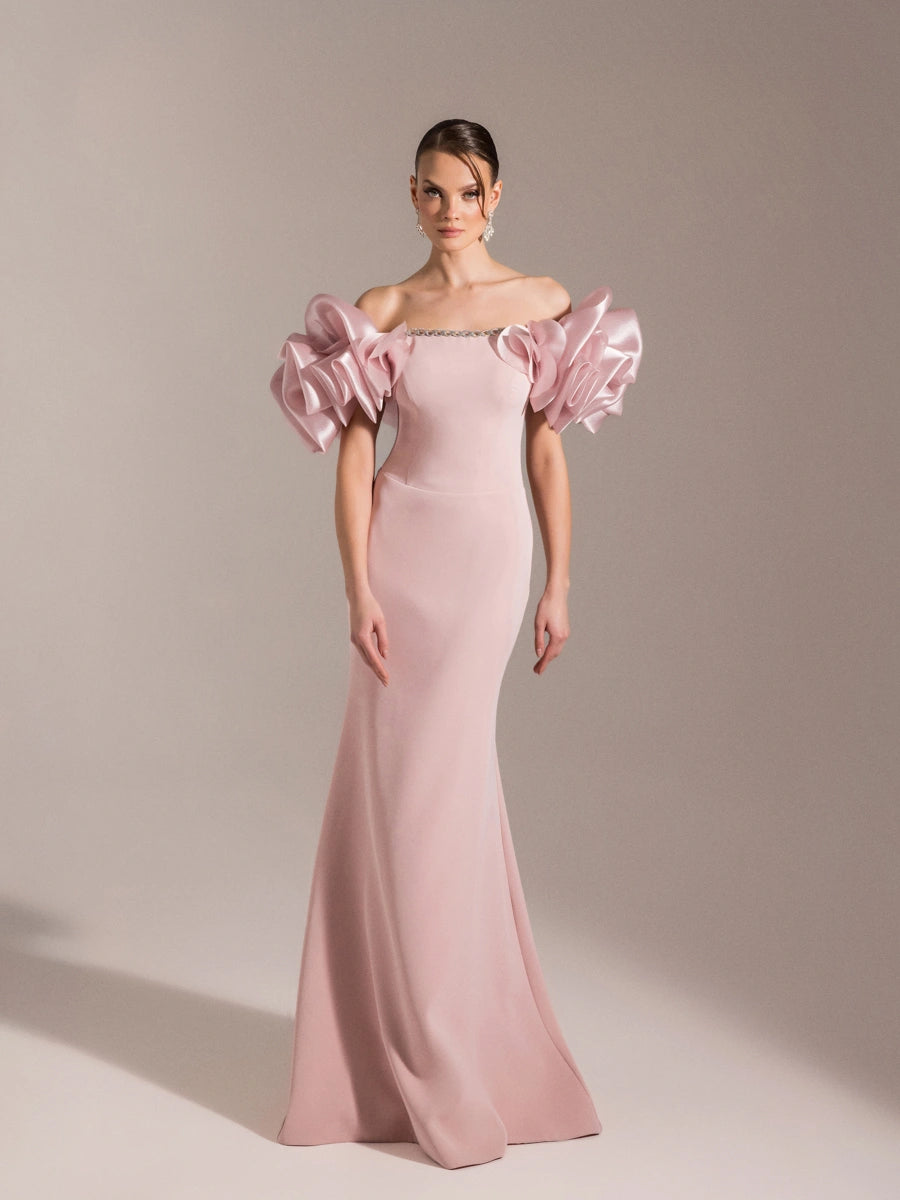 25093-Balon Kol Straplez Balık Abiye Elbise