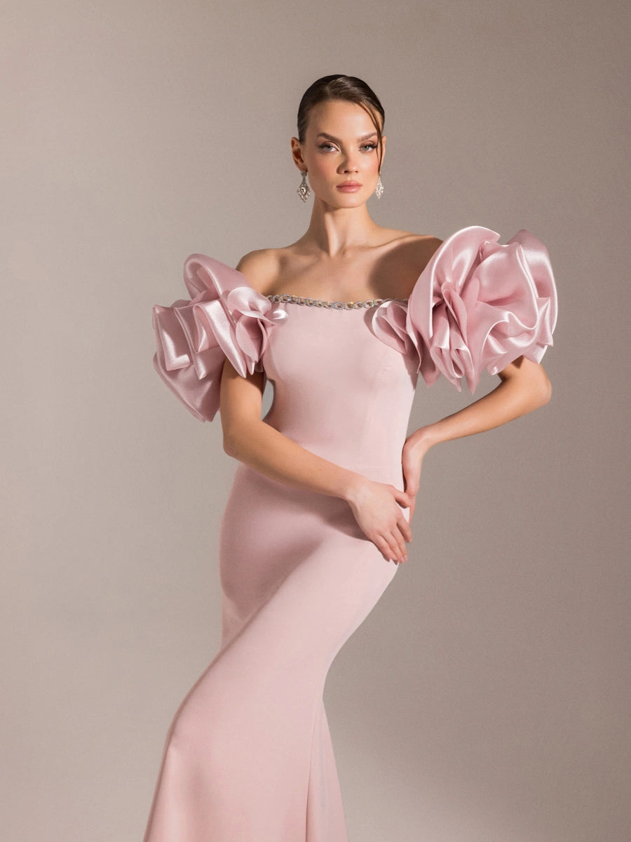 25093-Balon Kol Straplez Balık Abiye Elbise