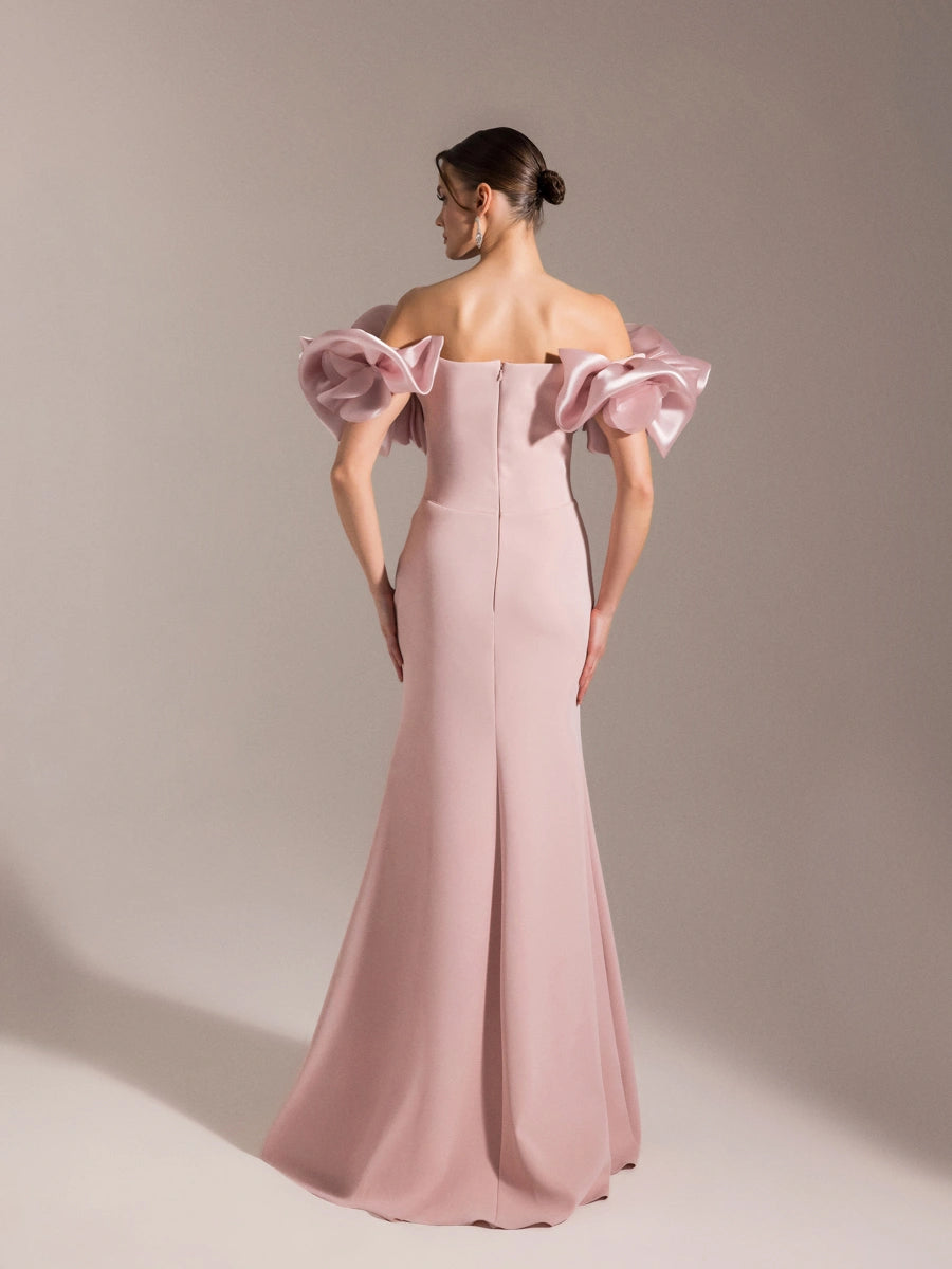 25093-Balon Kol Straplez Balık Abiye Elbise