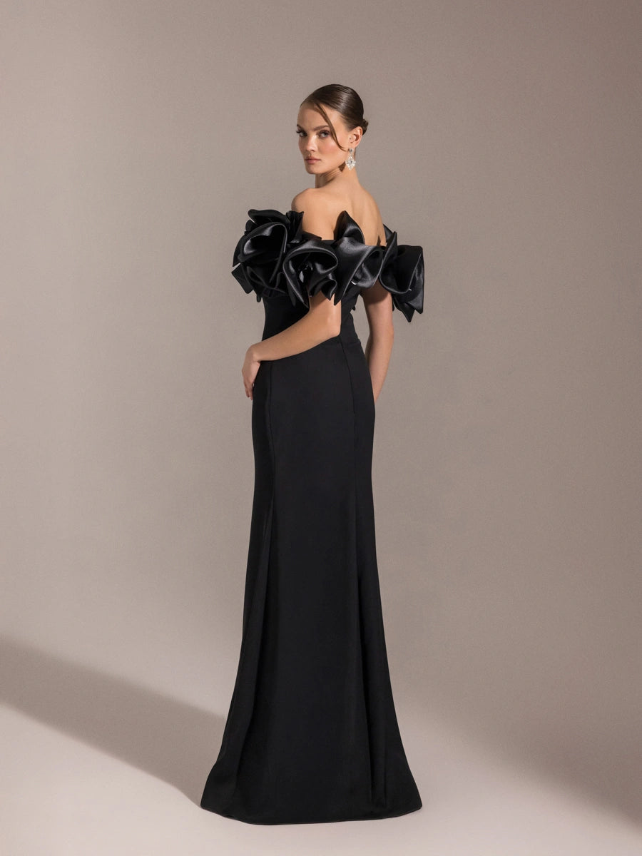 25093-Balon Kol Straplez Balık Abiye Elbise