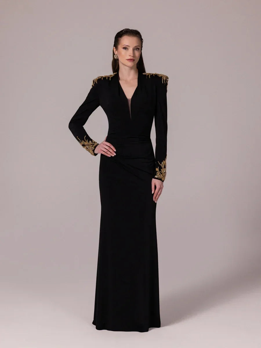 25098-Gold Embroidered Detailed Draped Evening Dress