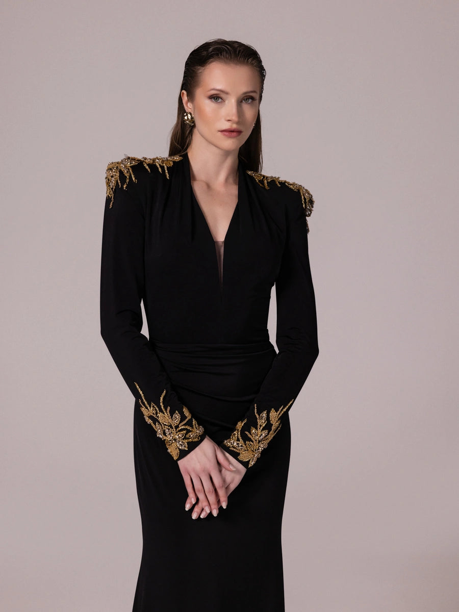 25098-Gold İşleme Detaylı Drapeli Abiye Elbise