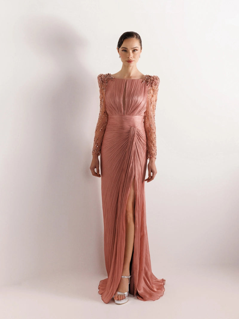 Kolları İşlemeli Pliseli Abiye Elbise Camel rengi 2 - önden görünüm