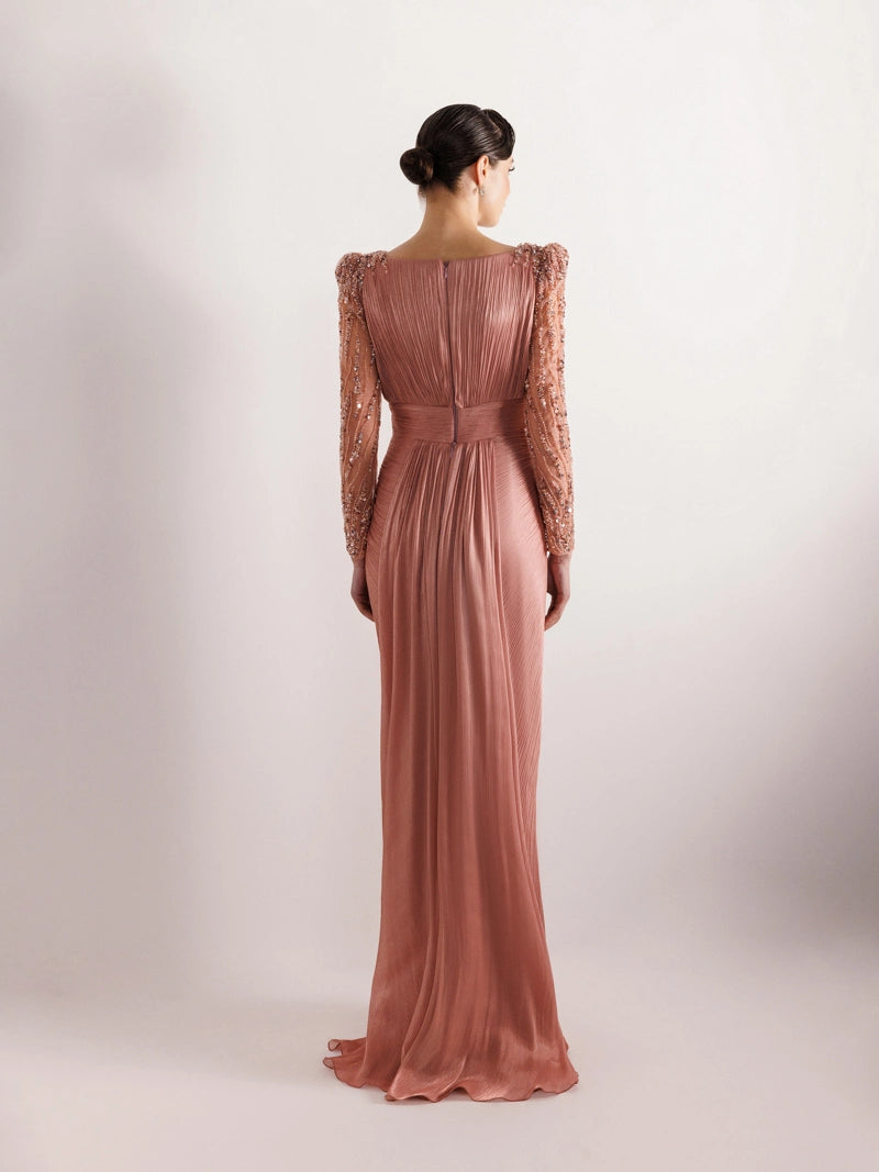 25099-Kolları İşlemeli Pliseli Abiye Elbise