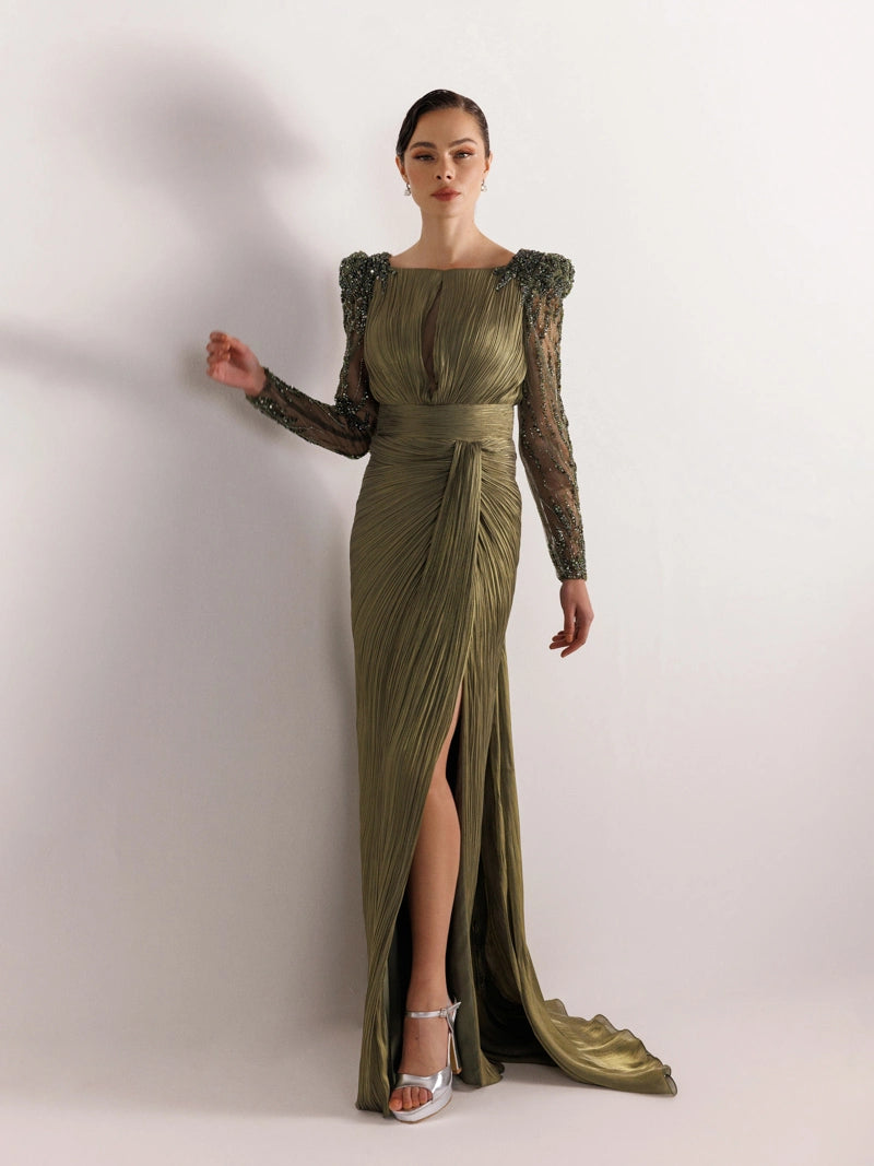 25099-Kolları İşlemeli Pliseli Abiye Elbise