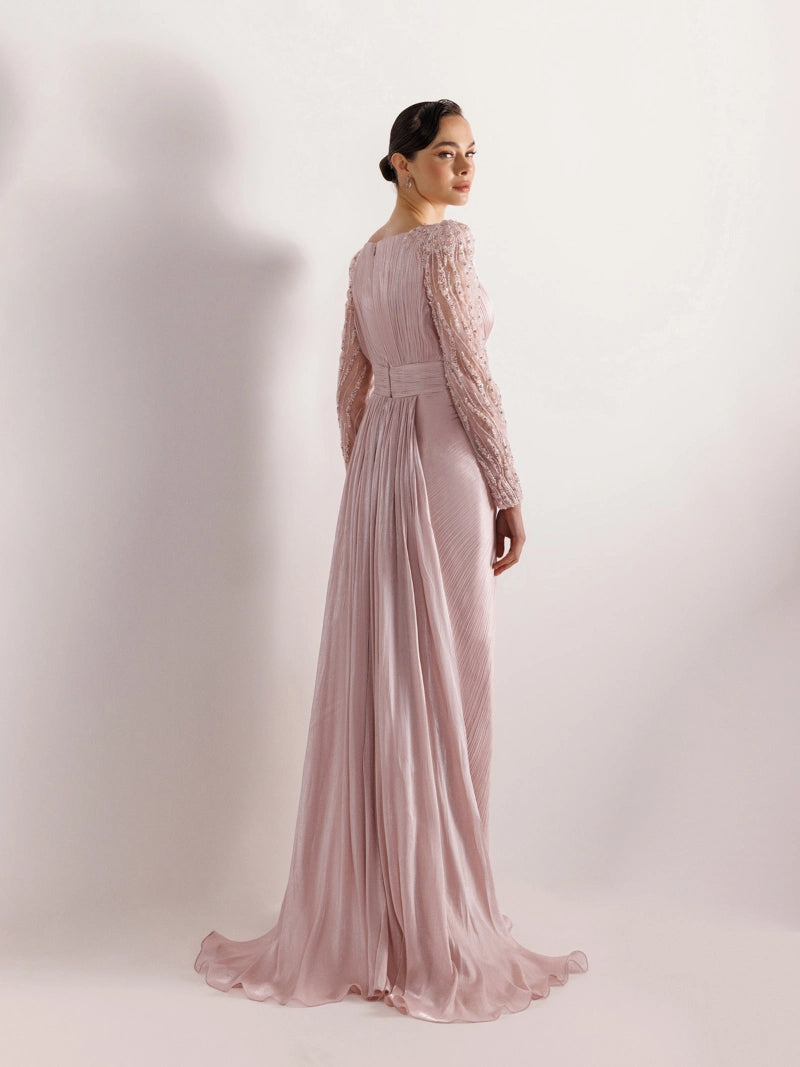 25099-Kolları İşlemeli Pliseli Abiye Elbise