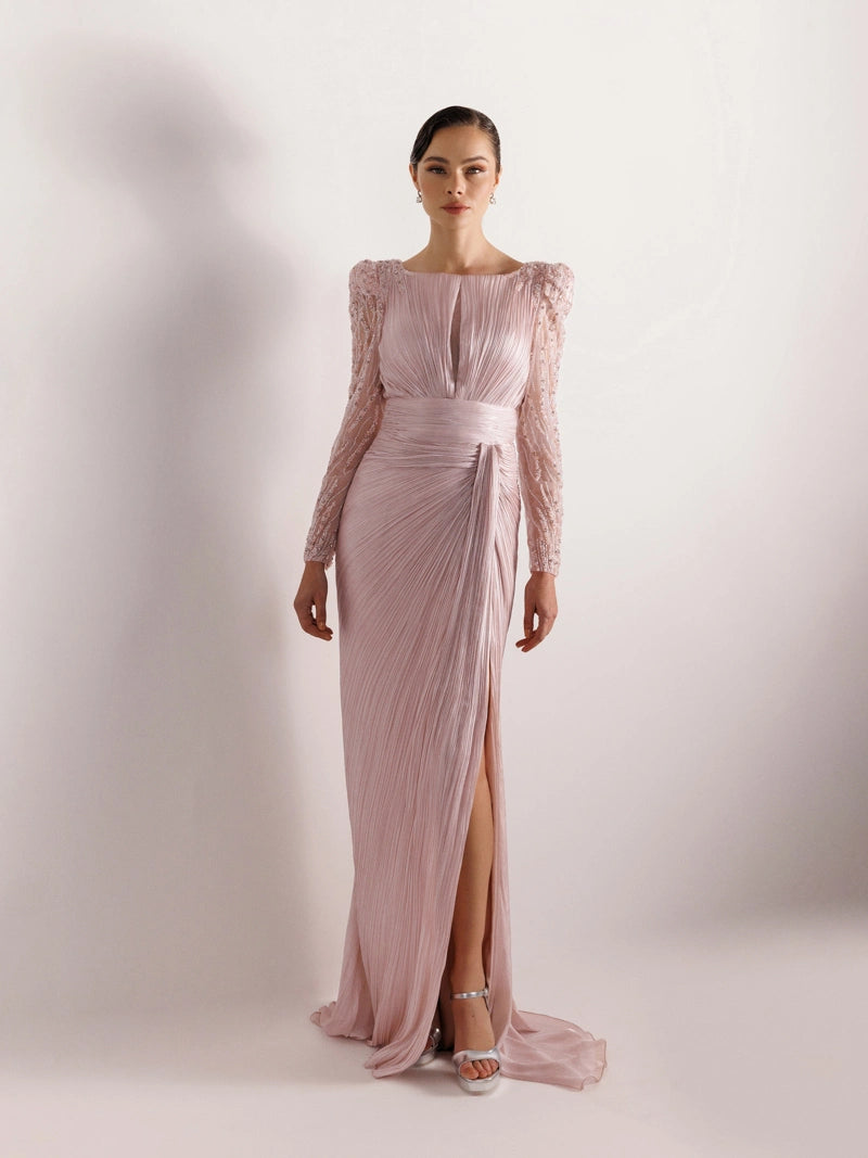 25099-Kolları İşlemeli Pliseli Abiye Elbise