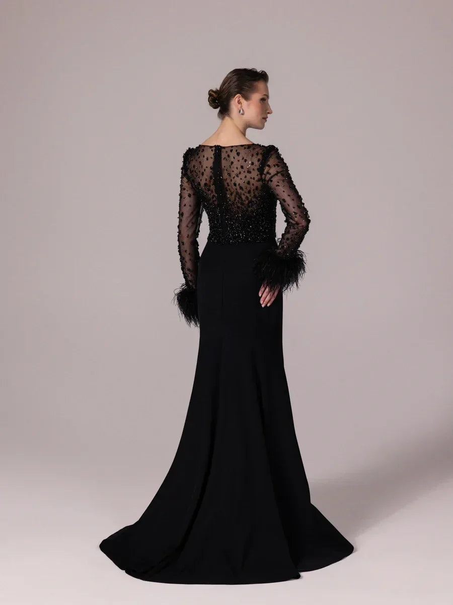 25101-Full Top Stone Detailed Fishtail Evening Dress