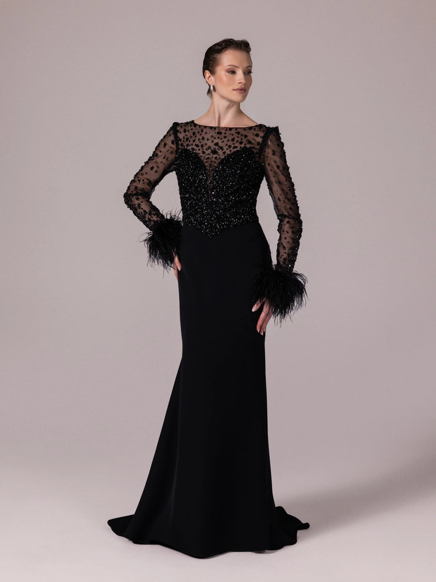 25101-Üst Komple Taş Detaylı Balık Abiye Elbise