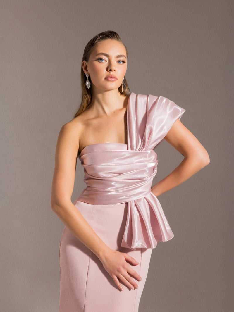 25107-Tek Omuz, Drapeli Balık Elbise