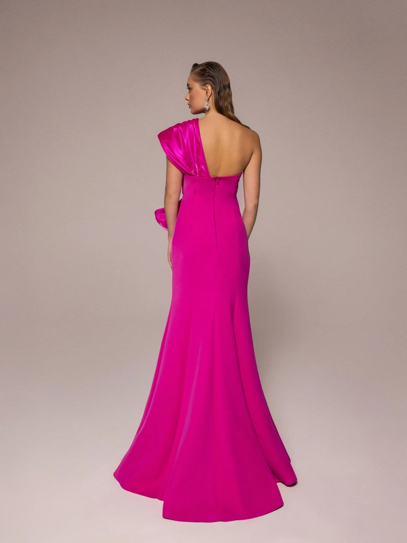 25107-Tek Omuz, Drapeli Balık Elbise