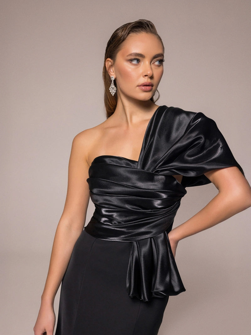 25107-Tek Omuz, Drapeli Balık Elbise