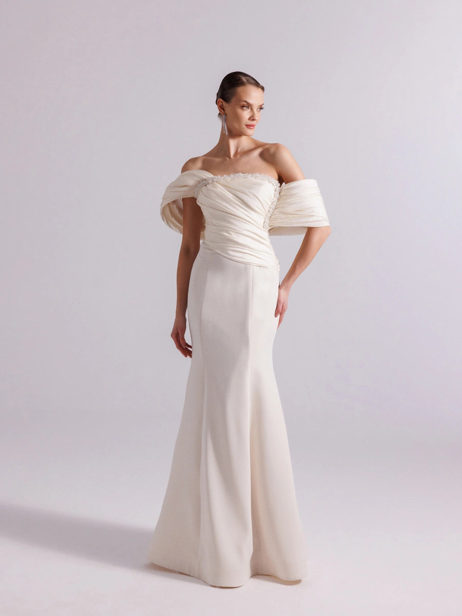 25108-Göğüs İşlemeli Drapeli Şal kol Balık Abiye Elbise