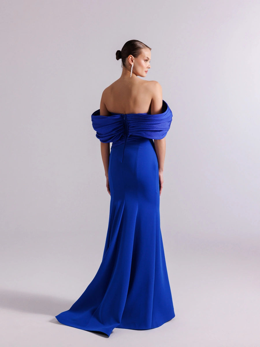 25108-Göğüs İşlemeli Drapeli Şal kol Balık Abiye Elbise