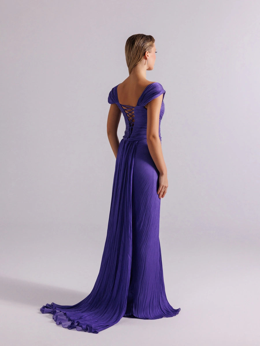 25113-Omuz Detaylı Pliseli Uzun Abiye Elbise