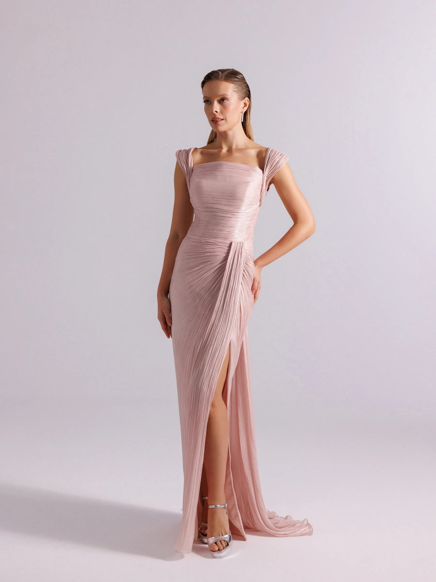 25113-Omuz Detaylı Pliseli Uzun Abiye Elbise