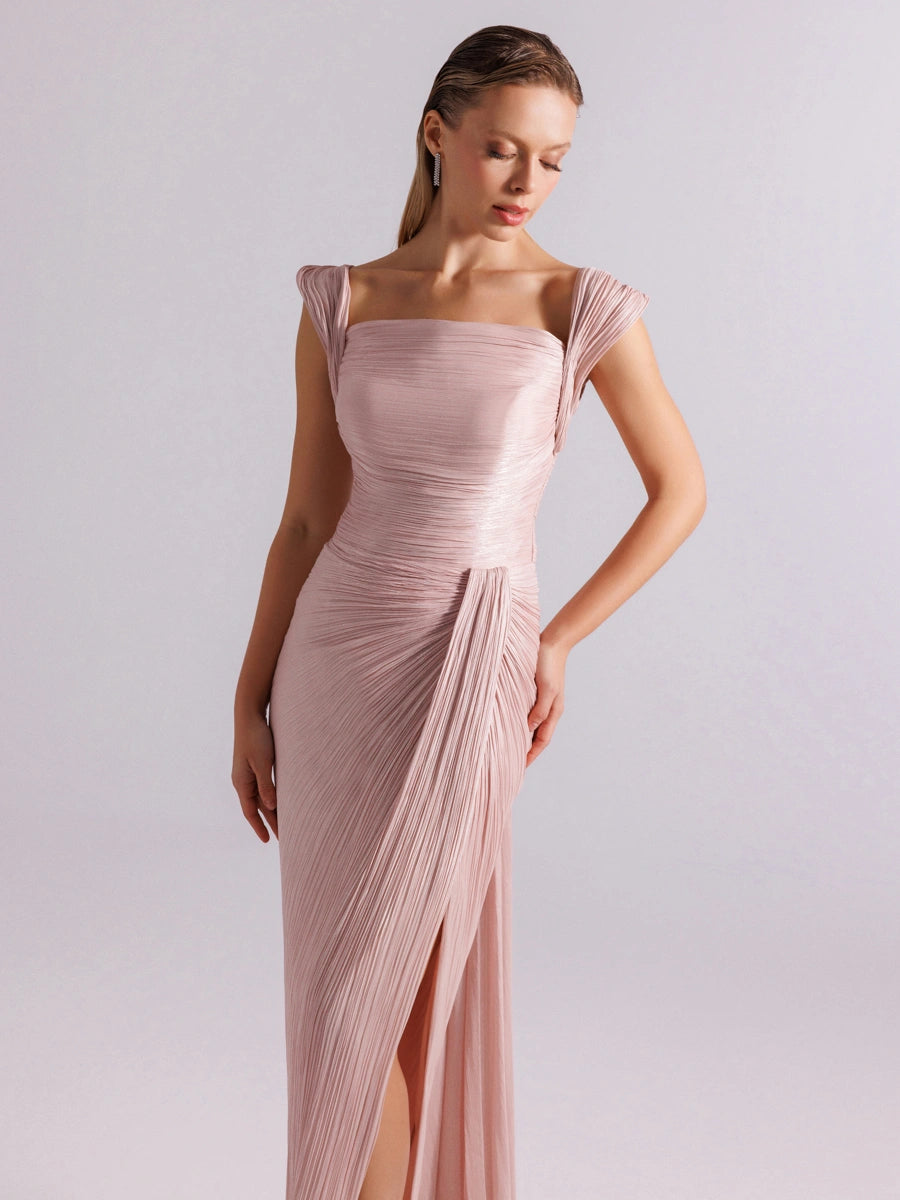 25113-Omuz Detaylı Pliseli Uzun Abiye Elbise