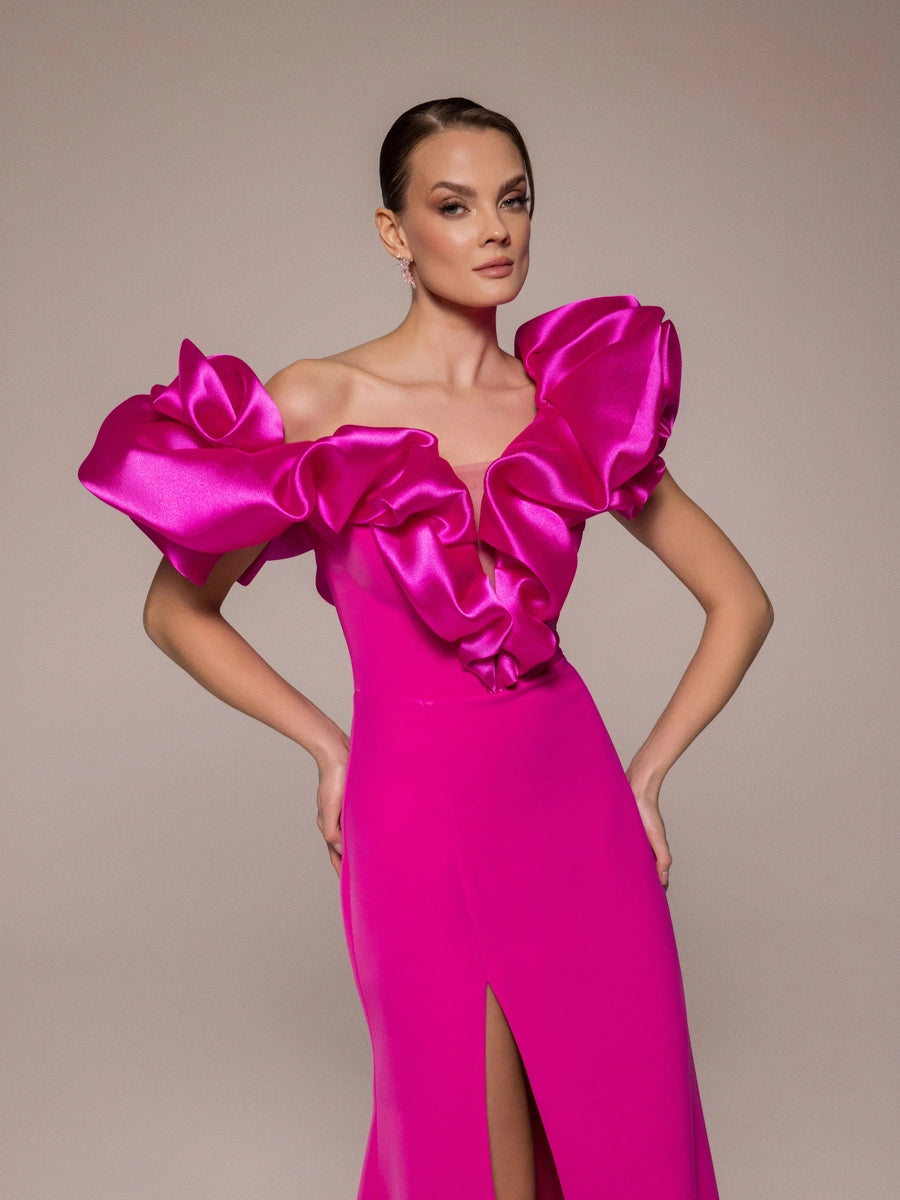 25114-Drapeli Yırtmaçlı Balık Abiye Elbise