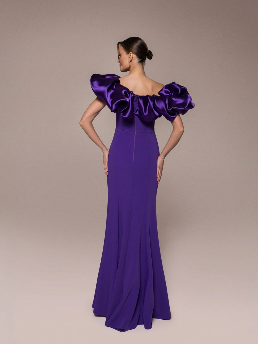 25114-Drapeli Yırtmaçlı Balık Abiye Elbise