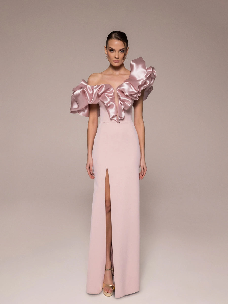 25114-Drapeli Yırtmaçlı Balık Abiye Elbise