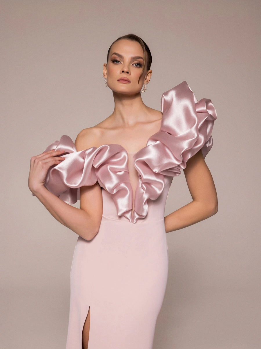 25114-Drapeli Yırtmaçlı Balık Abiye Elbise